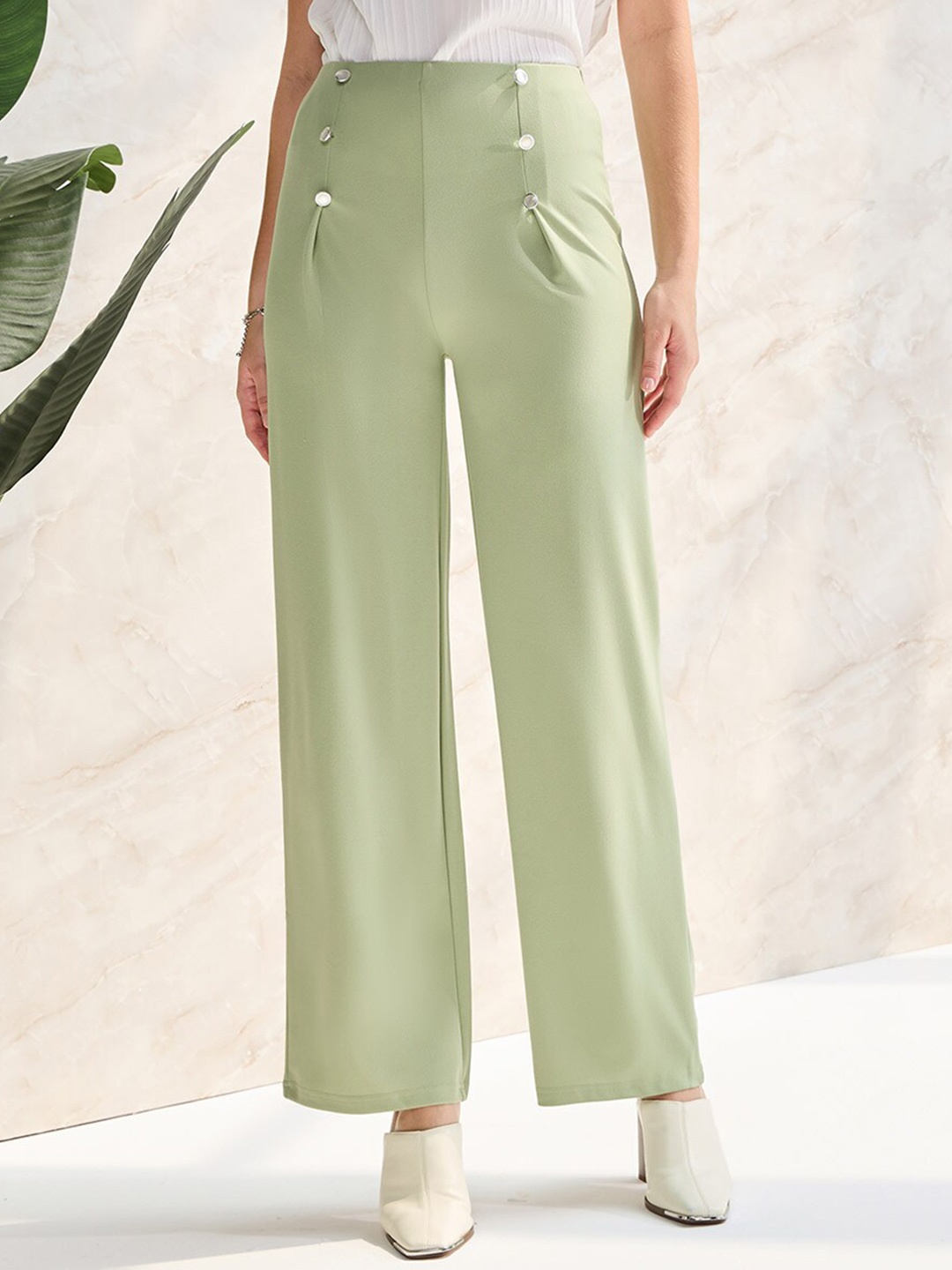 

Styli Women 2 Way Stretch Straight Leg Trouser with Pearl Button Detail, Green