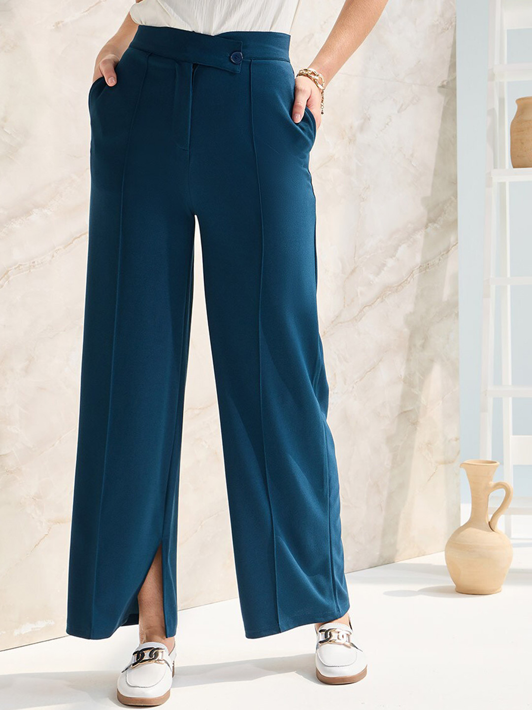 

Styli Women 2 Way Stretch Asymmetric Waistband Pintuck Crepe Flared Trouser, Teal