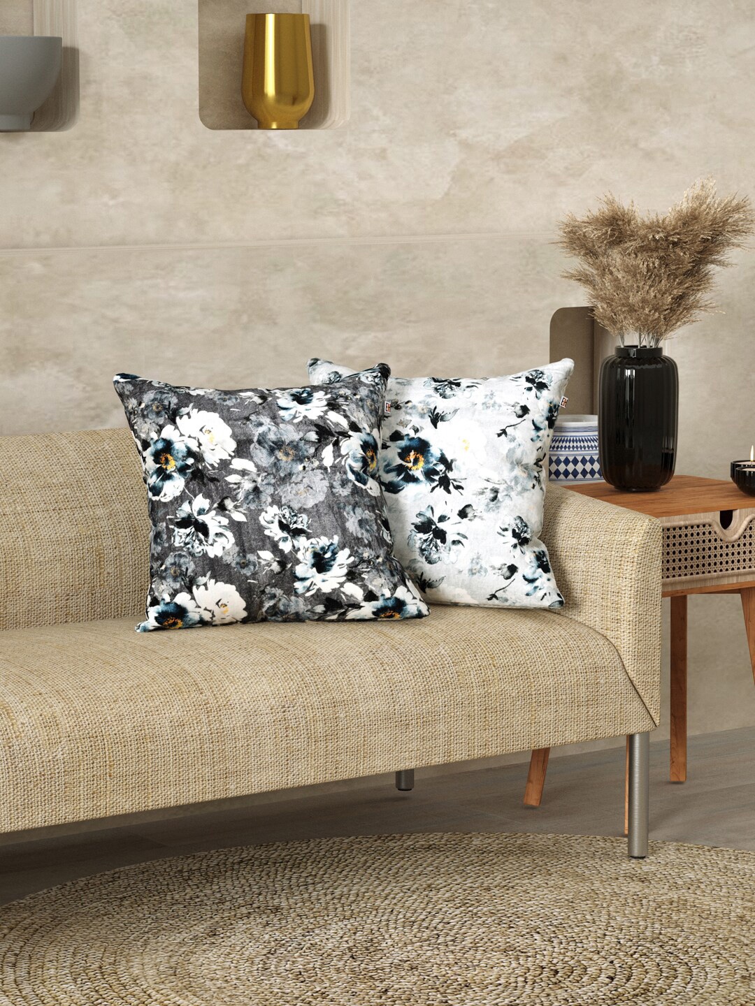 

EverHOME Grey & White 2 Pieces Floral Velvet Square Cushion Covers