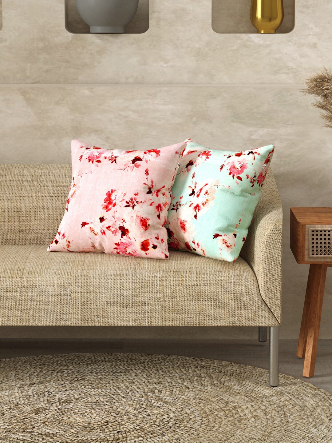 

EverHOME Pink & Green 2 Pieces Floral Velvet Square Cushion Covers