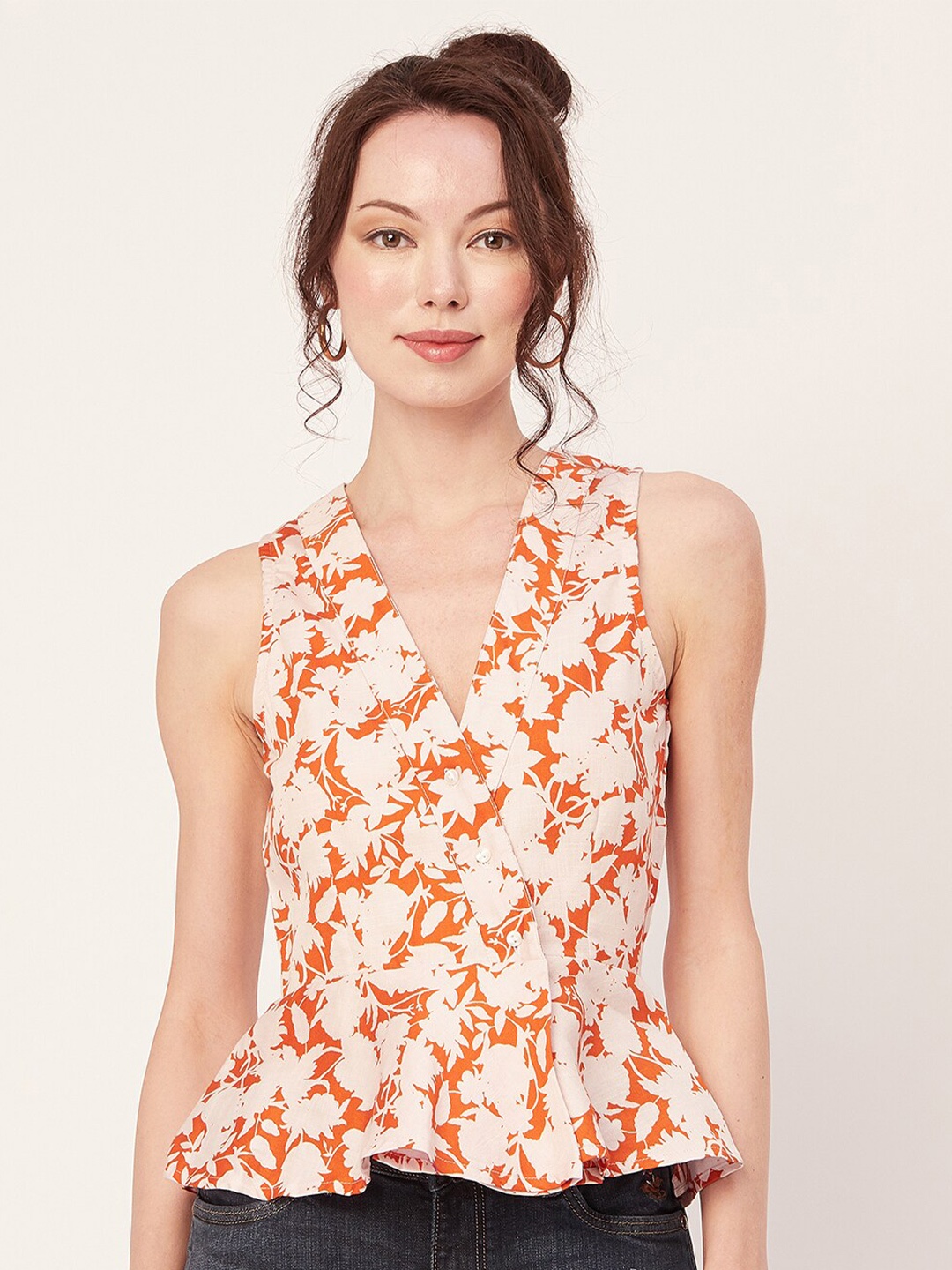 

Moomaya Floral Printed Sleeveless Peplum Top, Orange