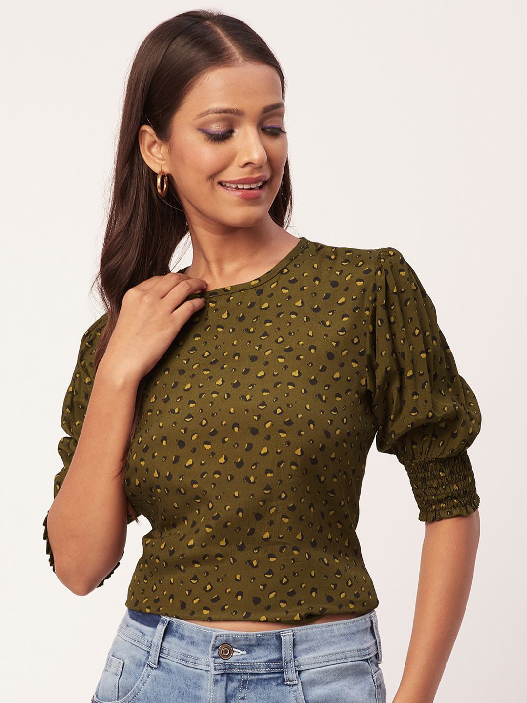 

Moomaya Abstract Printed Puff Sleeves Top, Olive