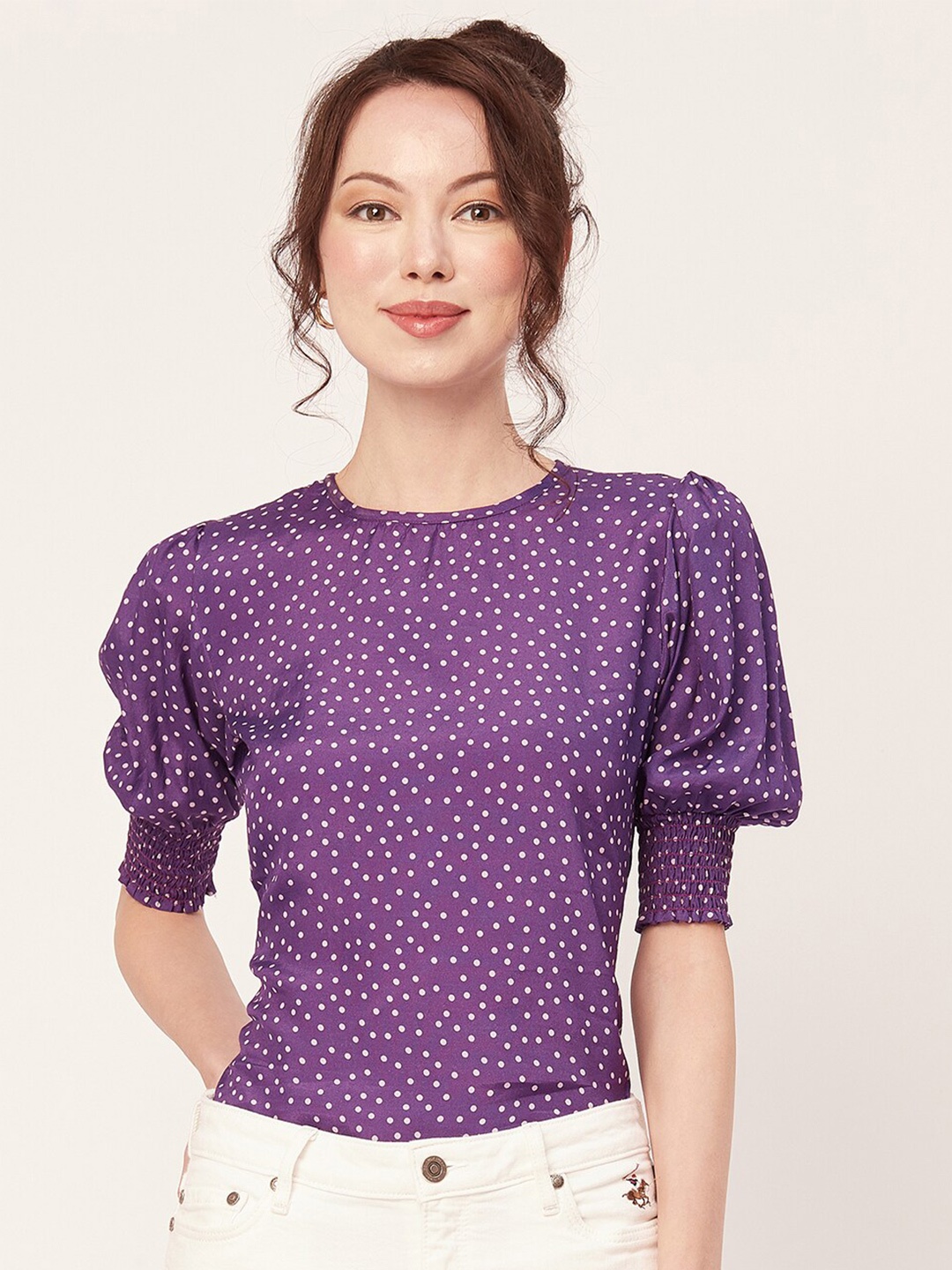 

Moomaya Polka Dot Printed Puff Sleeves Top, Purple