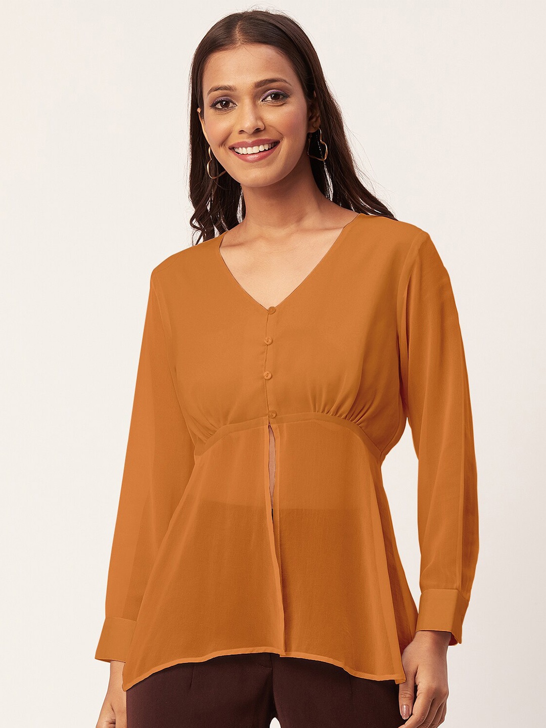

Moomaya V-Neck Cuffed Sleeves Cinched Waist Top, Mustard