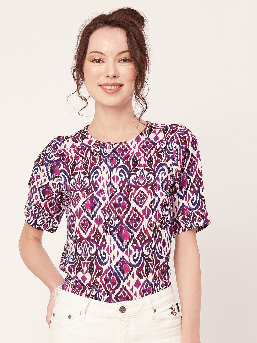 

Moomaya Geometric Printed Puffed Sleeves Top, Magenta