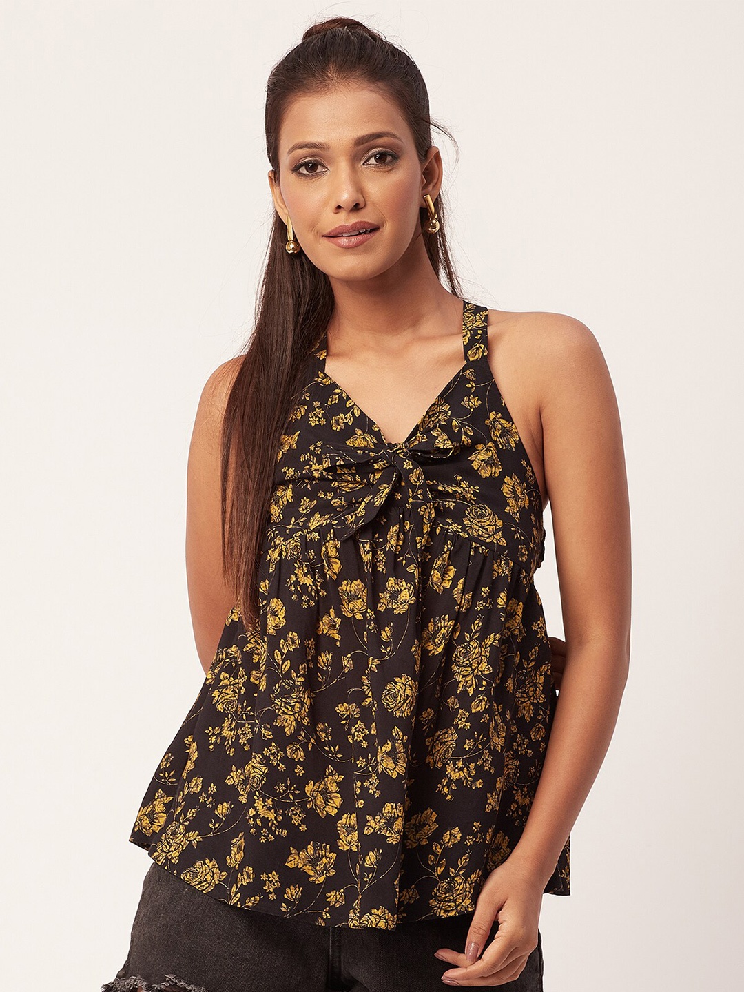 

Moomaya Floral Printed Shoulder Straps Smocked Tie Ups High Low Top, Black