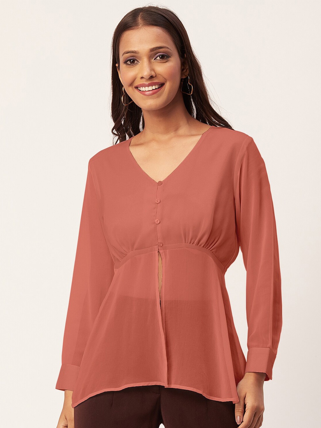 

Moomaya V Neck Cuffed Sleeves Cinched Waist Top, Coral