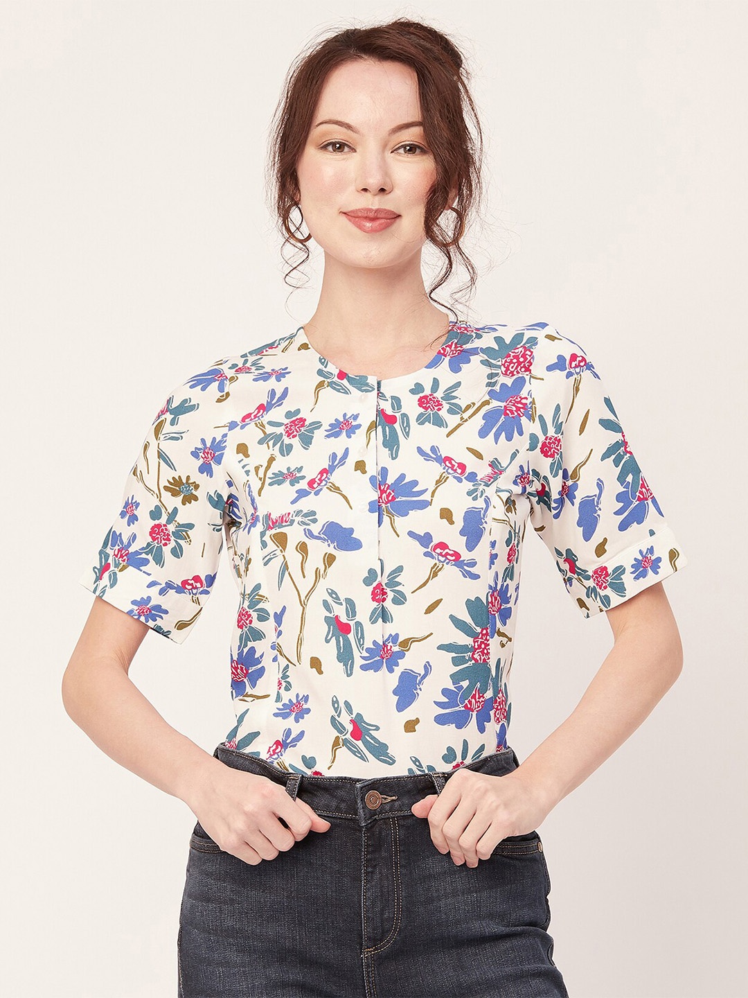 

Moomaya Floral Printed Regular Top, White