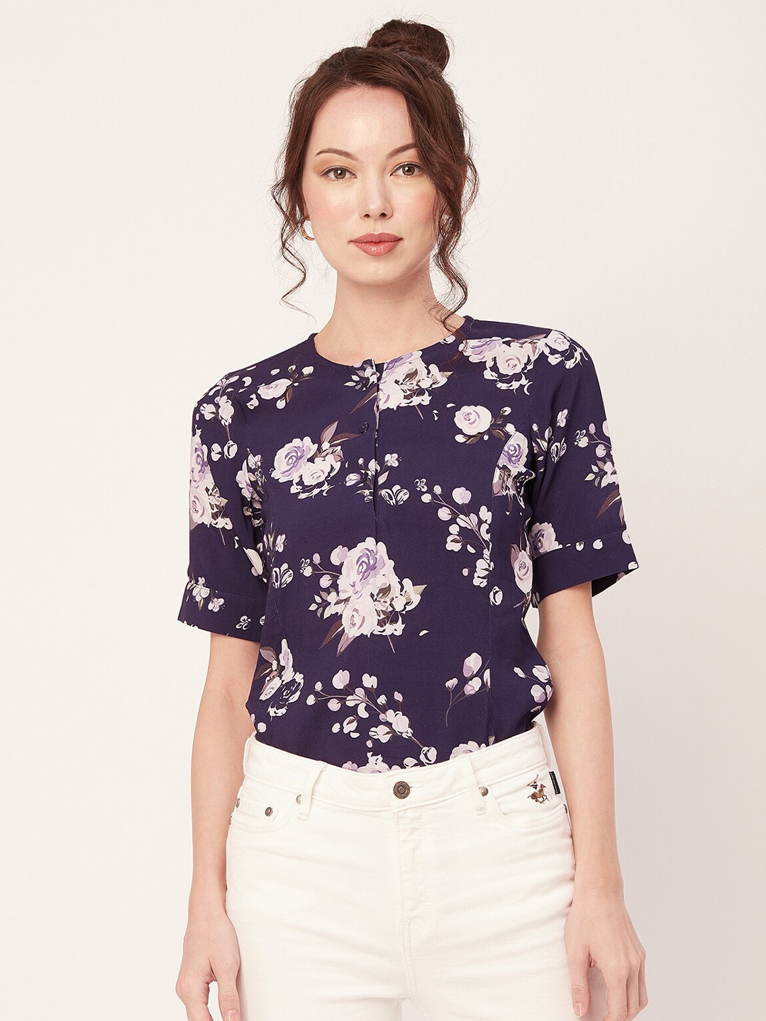 

Moomaya Floral Printed Round Neck Top, Purple