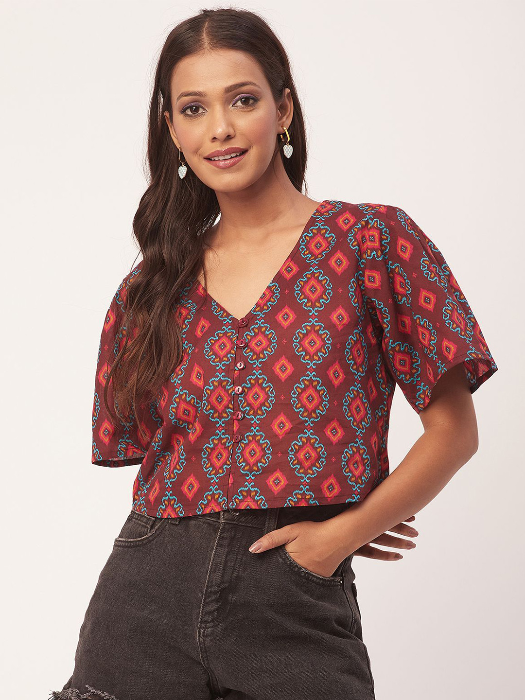 

Moomaya Ethnic Motif Printed Flared Sleeve Cotton Top, Brown