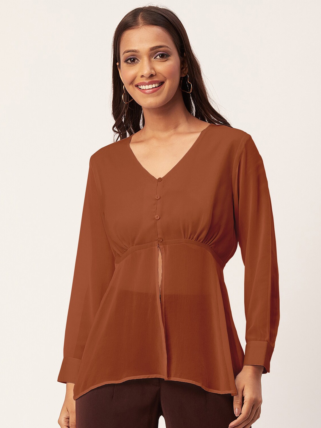 

Moomaya V-Neck Front Slit Cinched Waist Top, Brown