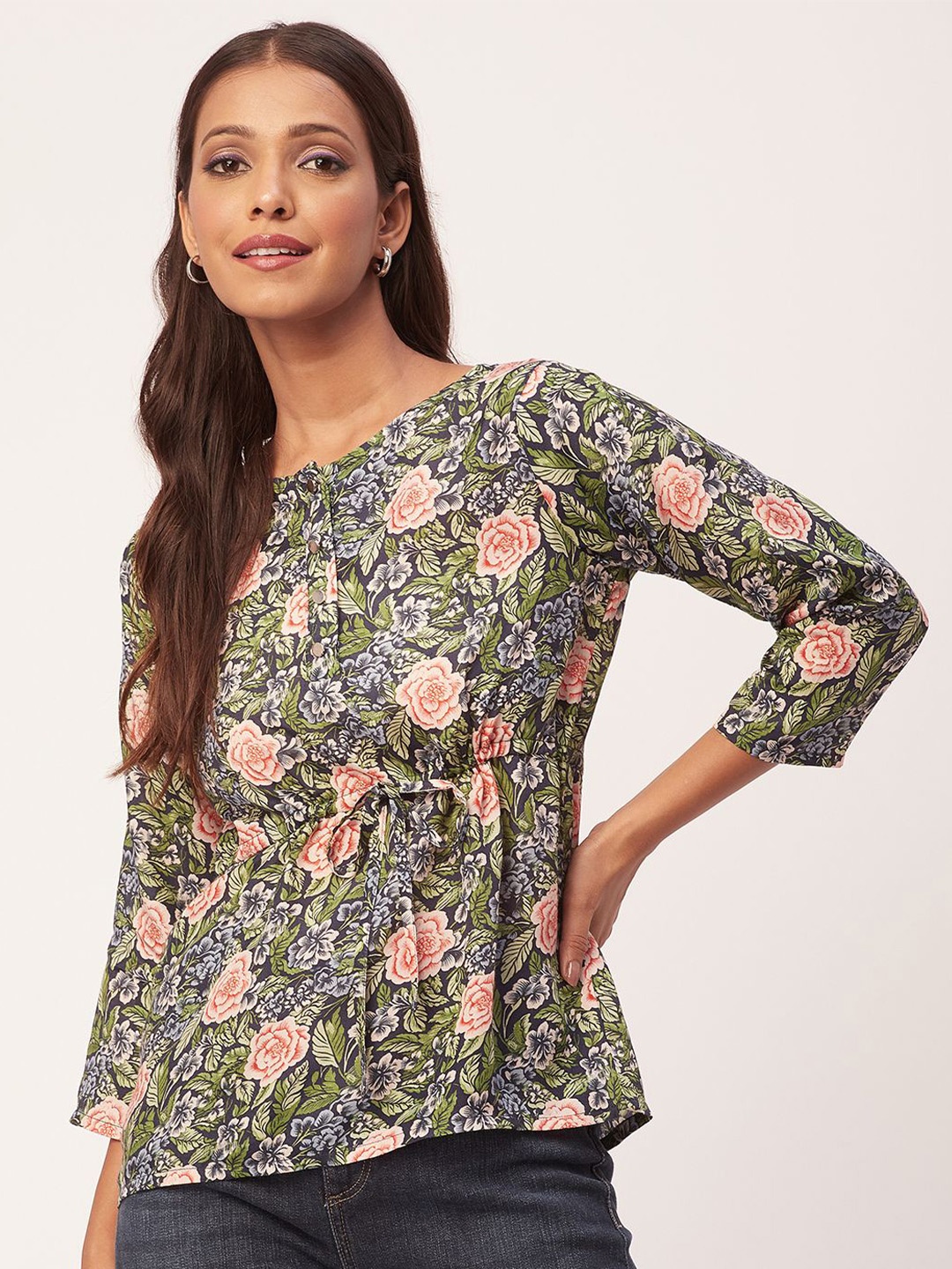 

Moomaya Floral Printed Round Neck Tie-Up Detailed Modal Top, Green