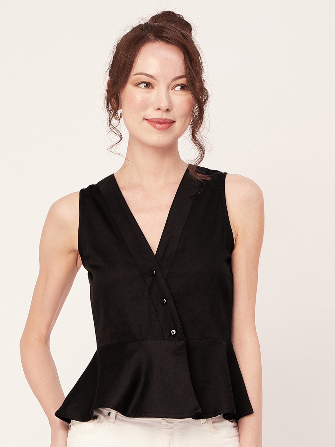 

Moomaya V-Neck Peplum Top, Black