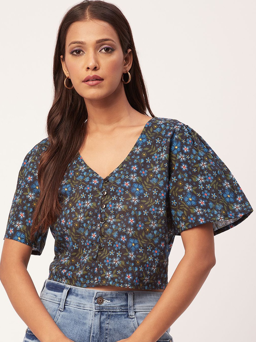 

Moomaya Floral Printed V-Neck Cotton Crop Top, Blue