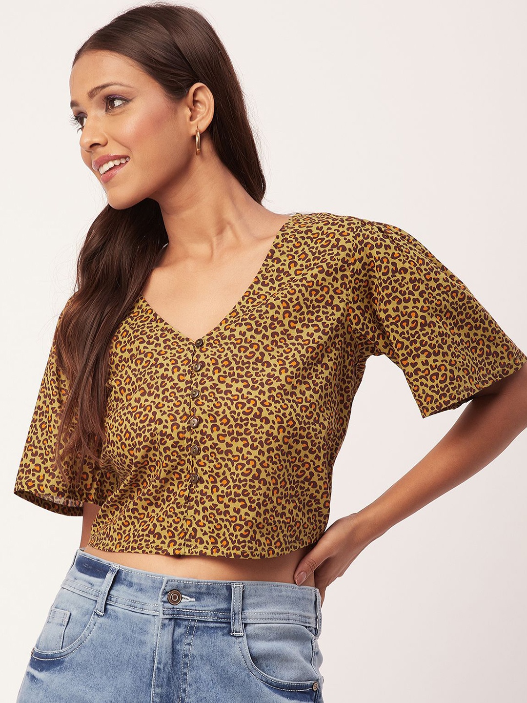 

Moomaya Animal Printed V-Neck Cotton Crop Top, Olive