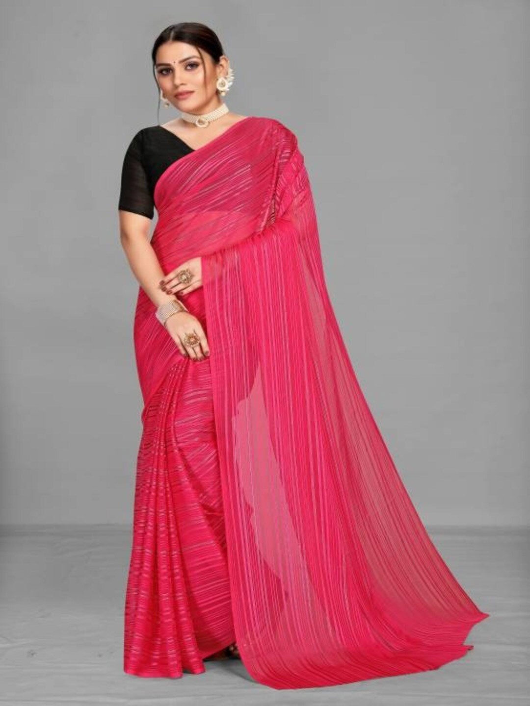 

MOKSHA DESIGNS Striped Pure Chiffon Saree, Peach