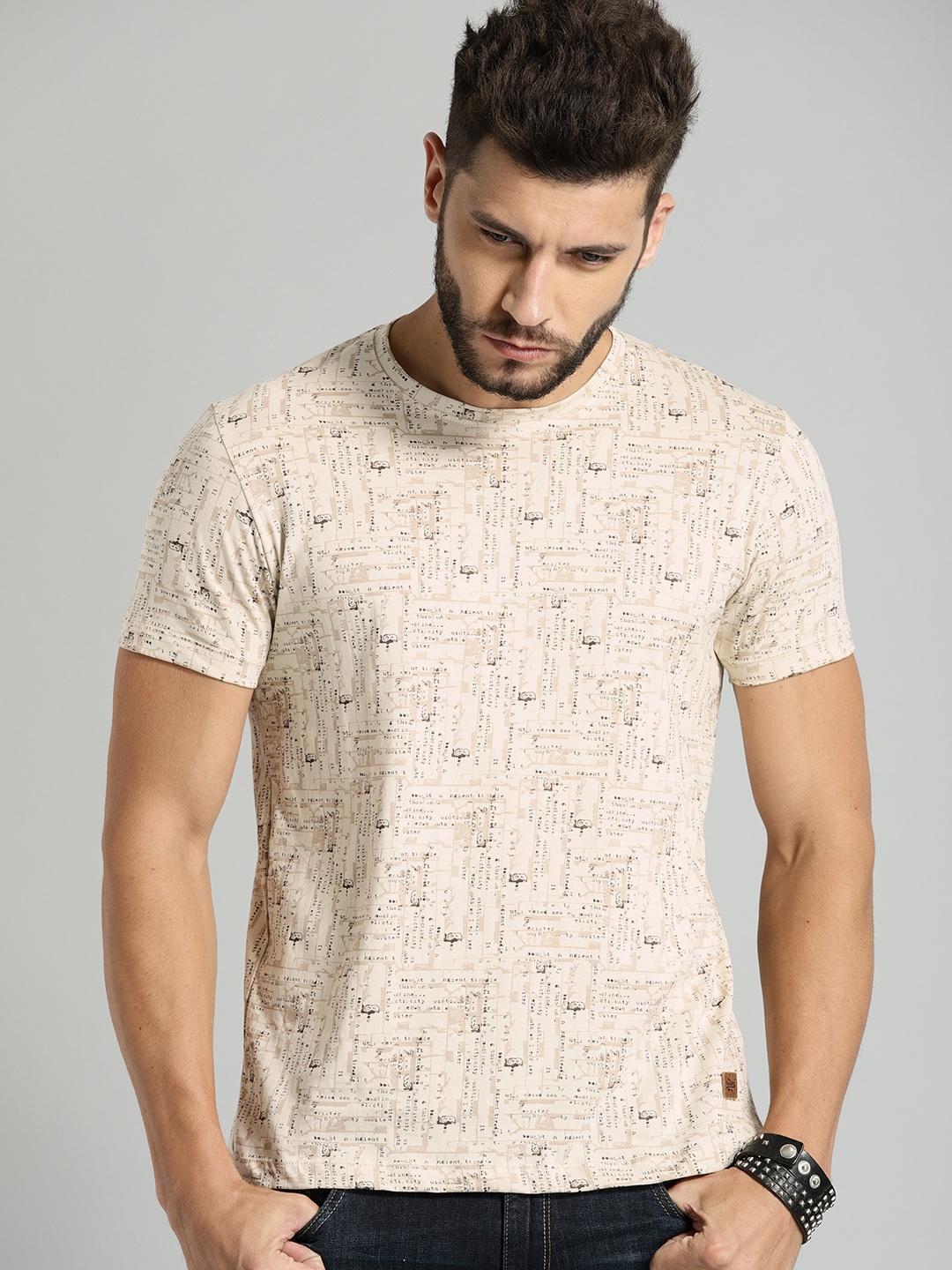 

Roadster Men Beige All-Over-Printed Round Neck Pure Cotton T-shirt