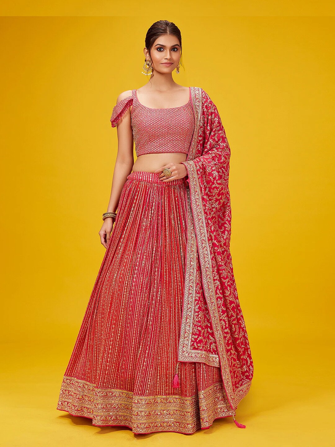 

Fusionic Embroidered Semi-Stitched Lehenga & Unstitched Blouse With Dupatta, Red