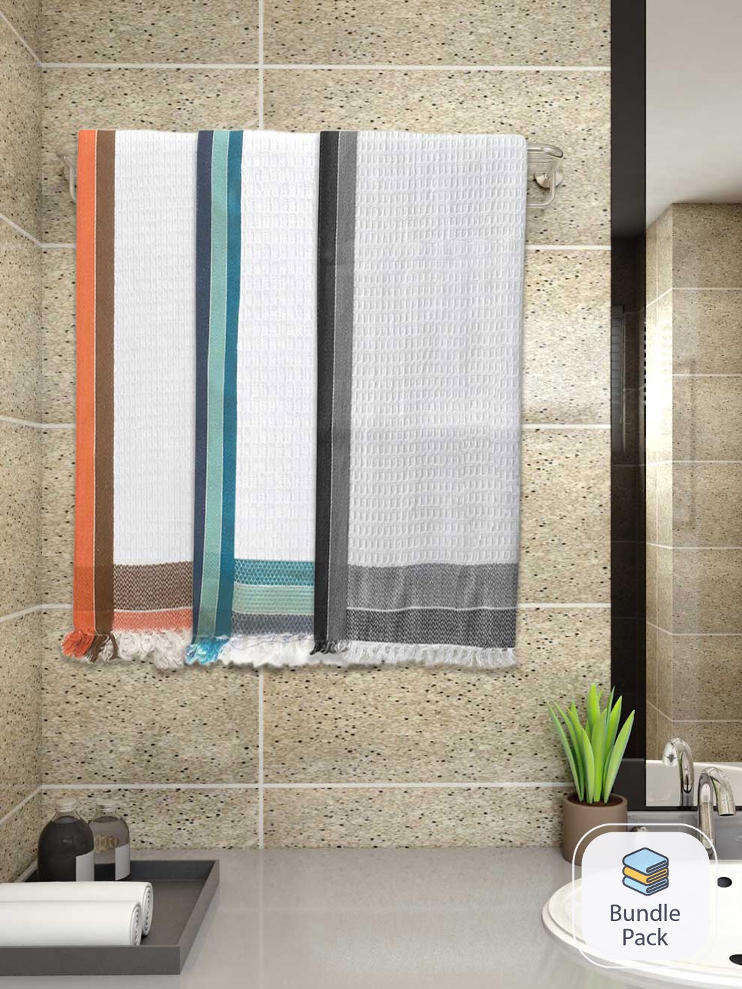 

Athom Living White & Grey 3 Pieces Striped 220 GSM Premium Cotton Bath Towels