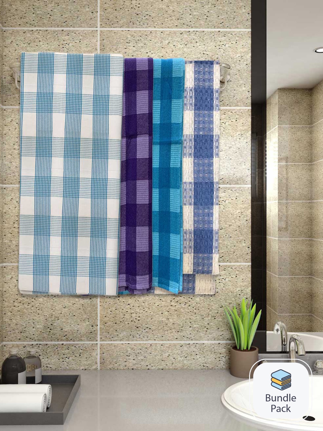 

Athom Living 4-Pcs White & Blue Checked 220 GSM Premium Cotton Bath Towels