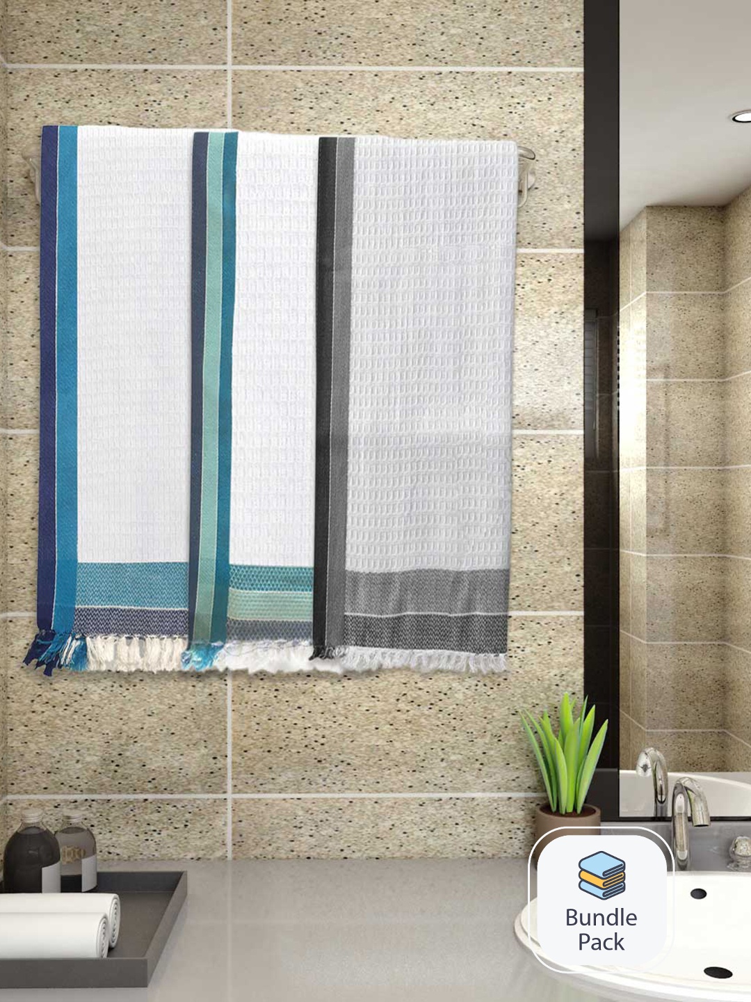 

Athom Living 3-Pcs White & Blue Waffle Design 220 GSM Premium Cotton Bath Towels