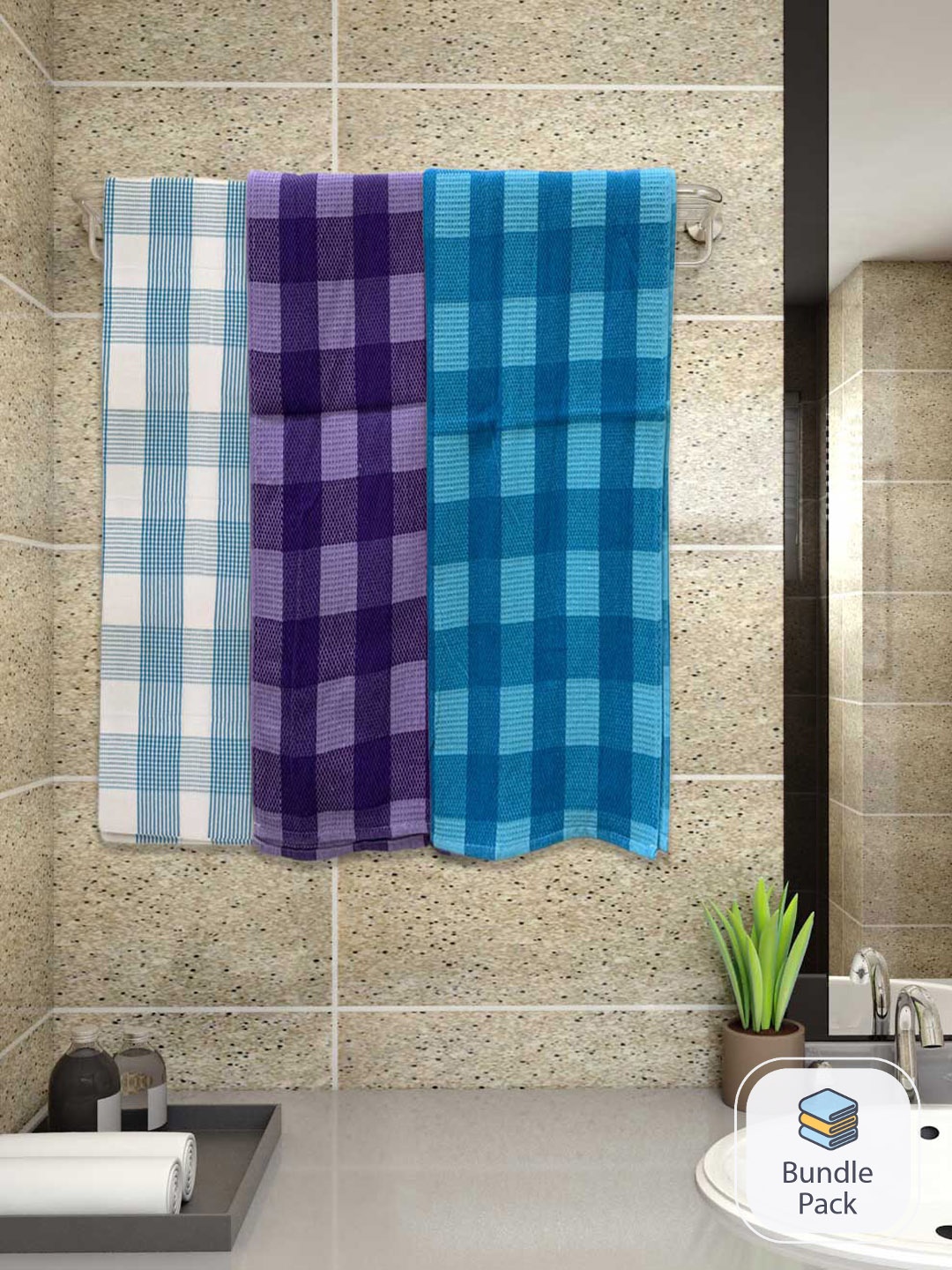 

Athom Living 3-Pcs White & Blue Checked 220 GSM Premium Cotton Bath Towels