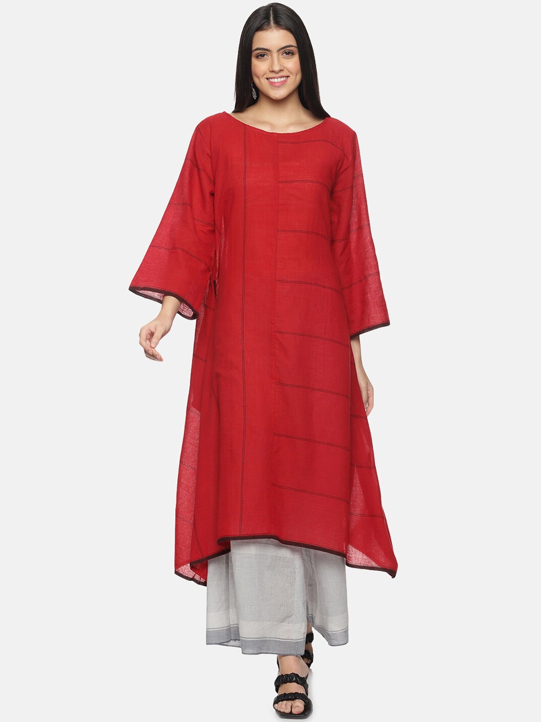 

Hanging Threads Striped Regular A-Line Pure Cotton Kurta with Palazzos, Red