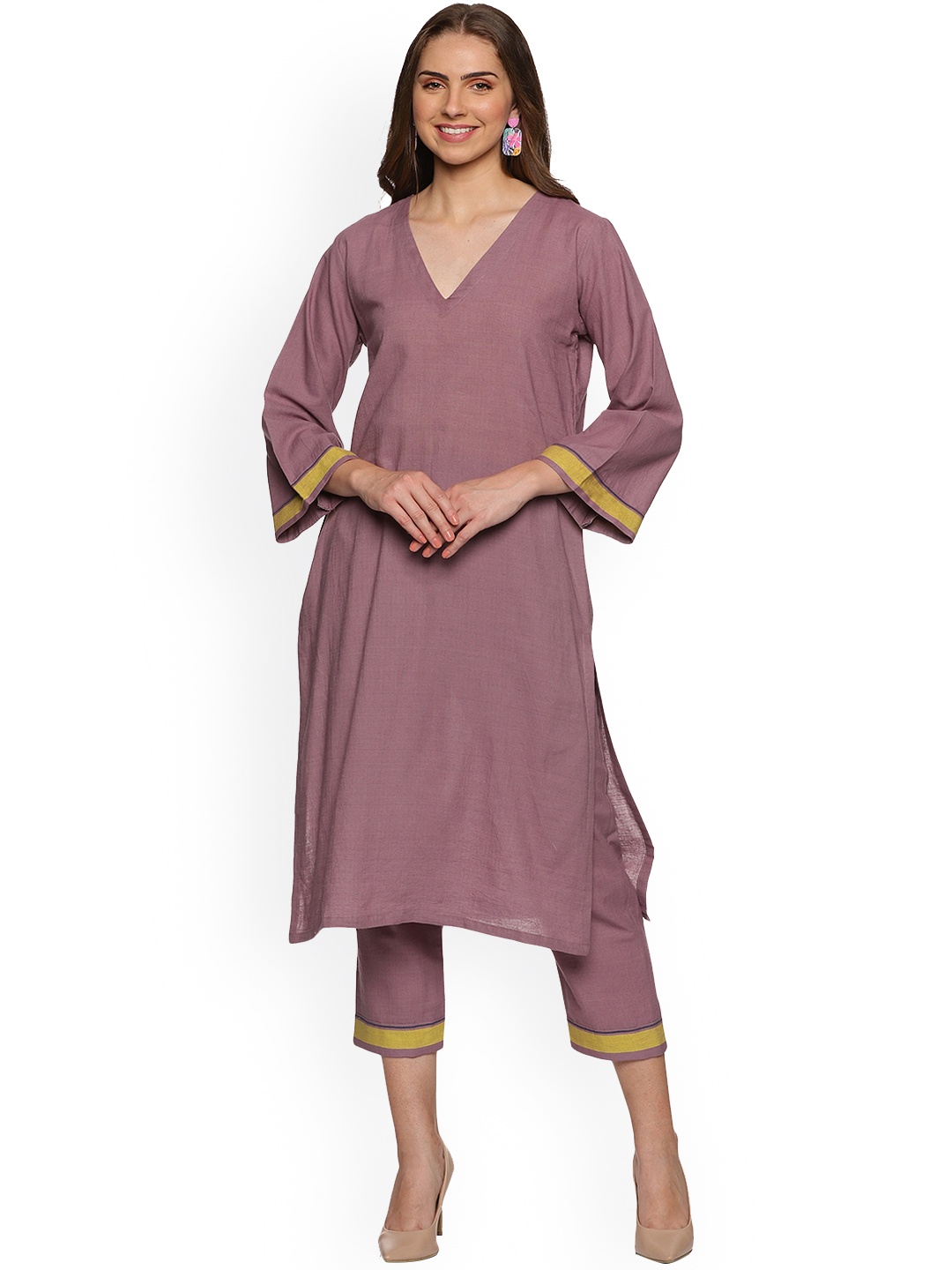 

Hanging Threads V-Neck A-Line Kurta With Trouser, Mauve