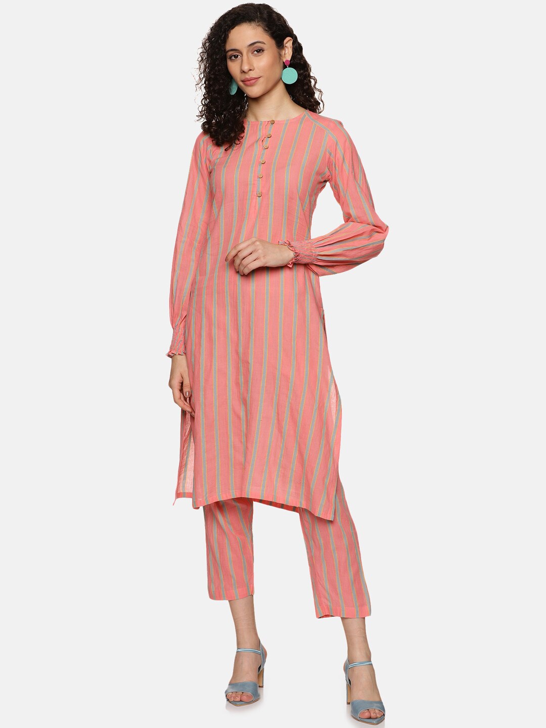 

Hanging Threads Striped Cuffed Sleeves A-line Kurta With Trouser, Peach