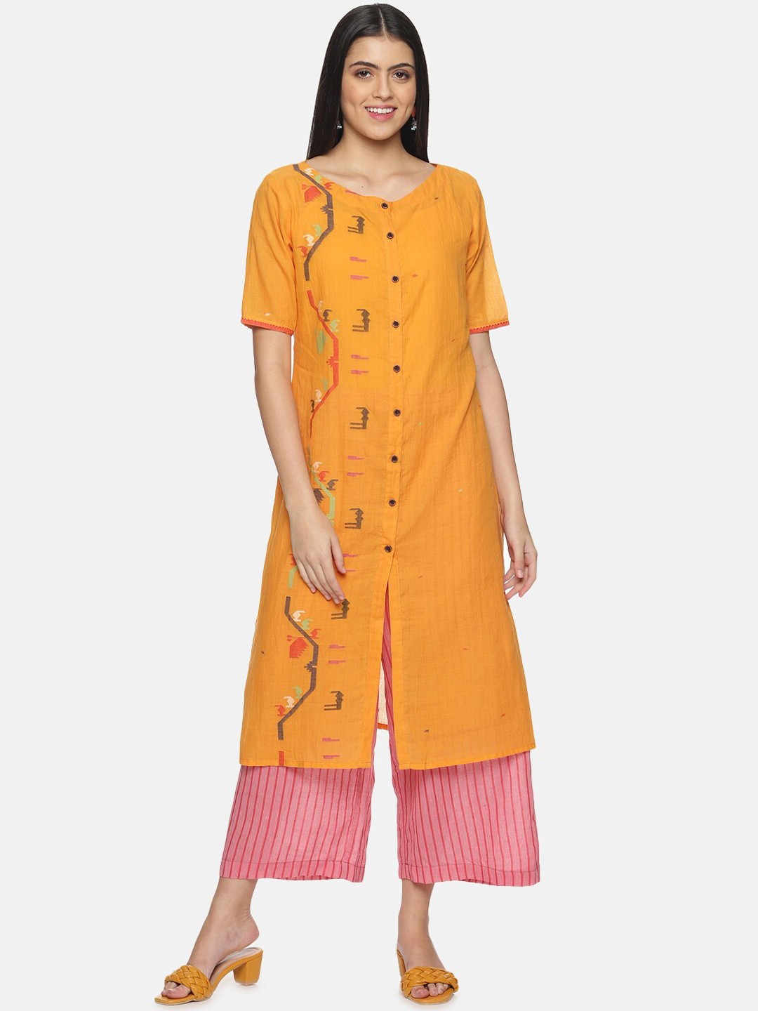 

Hanging Threads Geometric Printed Kurta With Striped Trousers, Orange