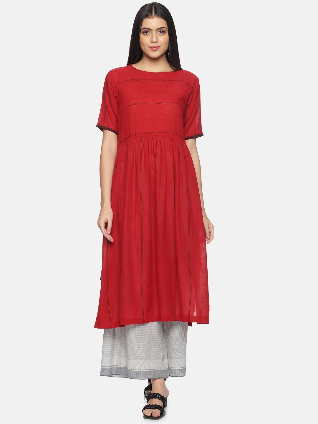 

Hanging Threads Striped A-Line Kurta With Palazzo, Red