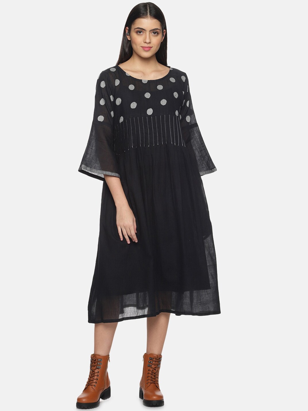 

Hanging Threads Polka Dot Printed Bell Sleeves Pure Cotton A-Line Ethnic Dress, Black