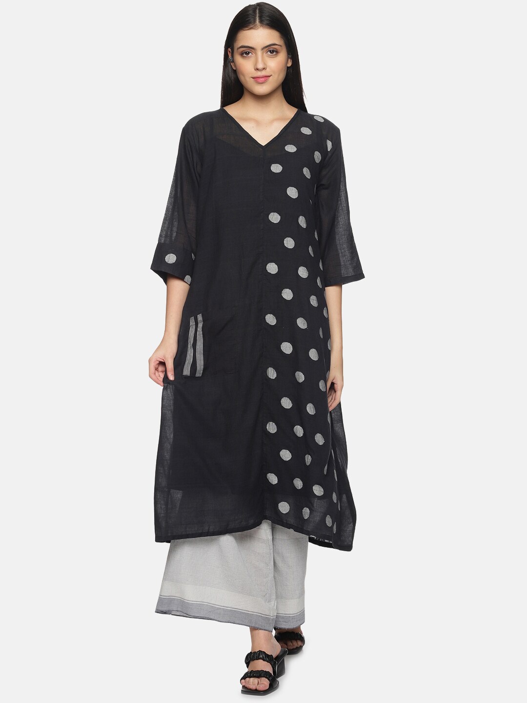 

Hanging Threads Polka Dot Printed Straight Kurta With Palazzos, Black