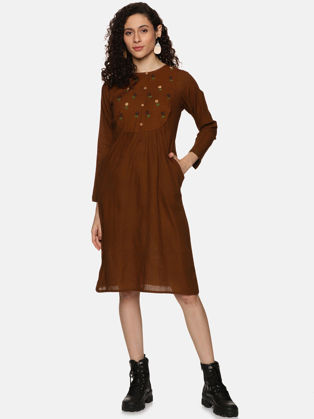 

Hanging Threads Floral Embroidered Round Neck Cotton A-Line Dress, Brown