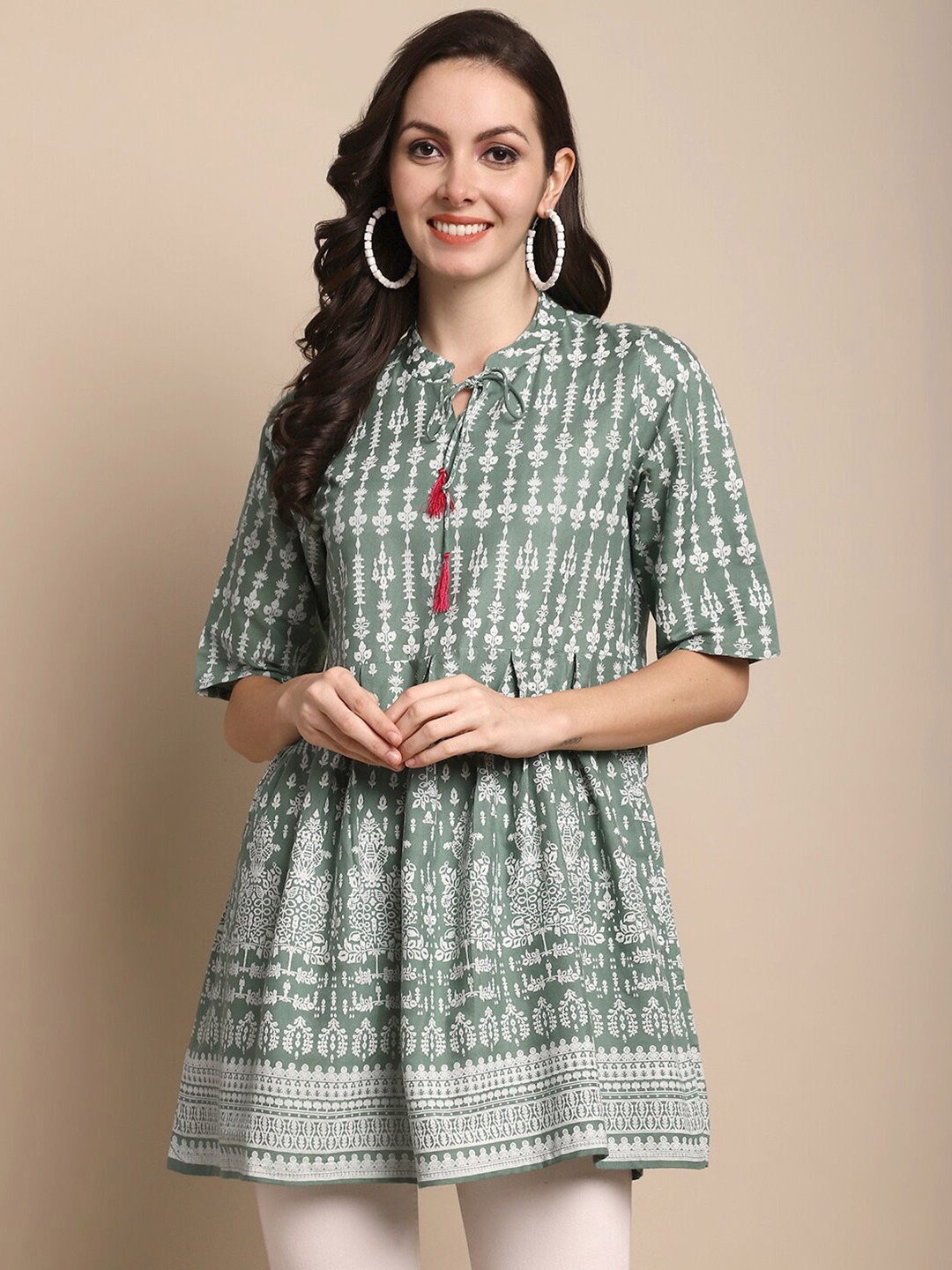 

Sangria Ethnic Motifs Printed Tie-Up Neck Pleated A-Line Top, Green