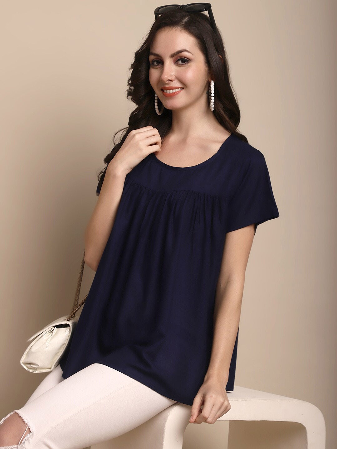 

Sangria Round Neck Gathered Or Pleated Regular Top, Navy blue