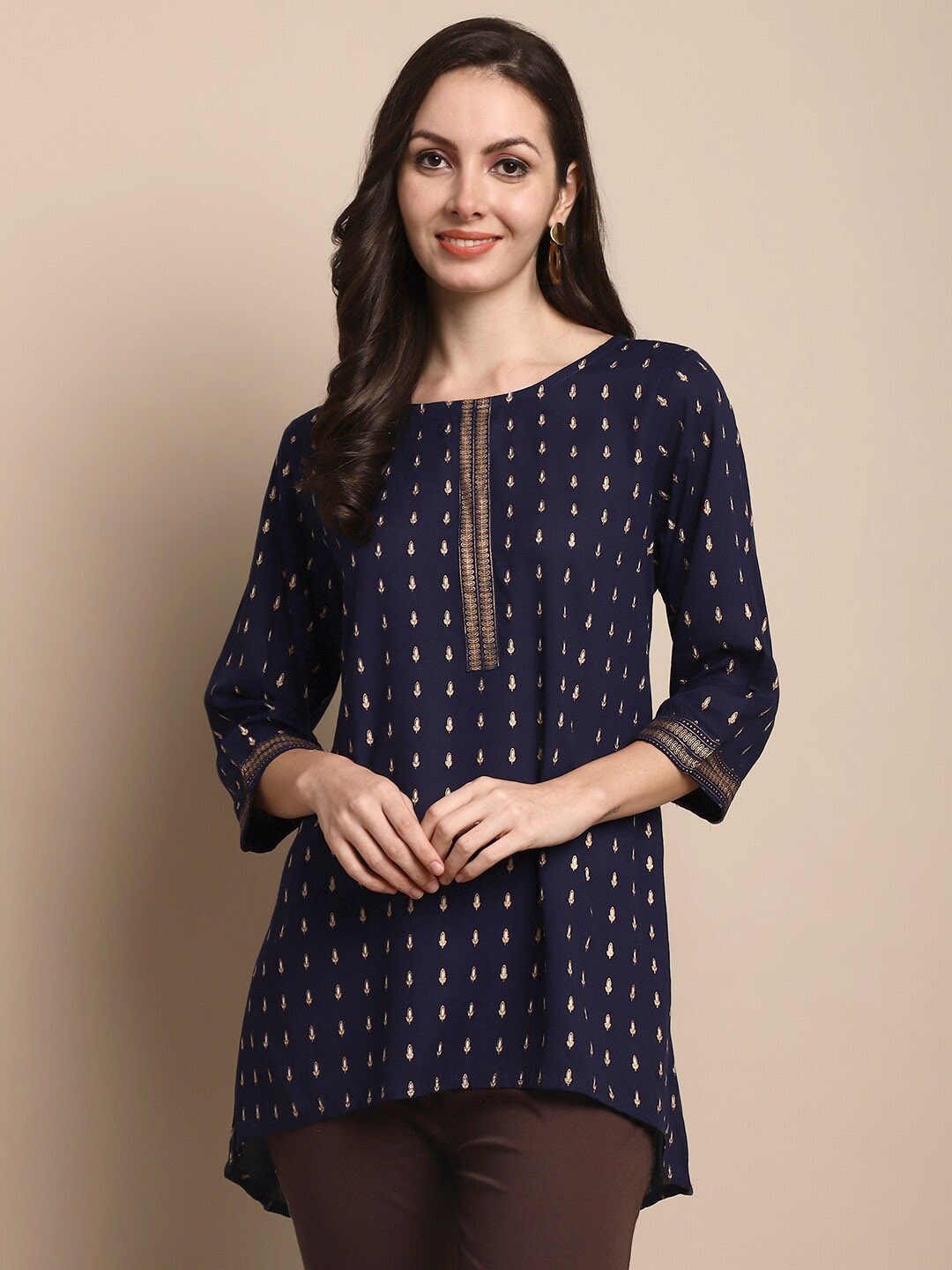 

Sangria Ethnic Motifs Printed A-Line Top, Navy blue