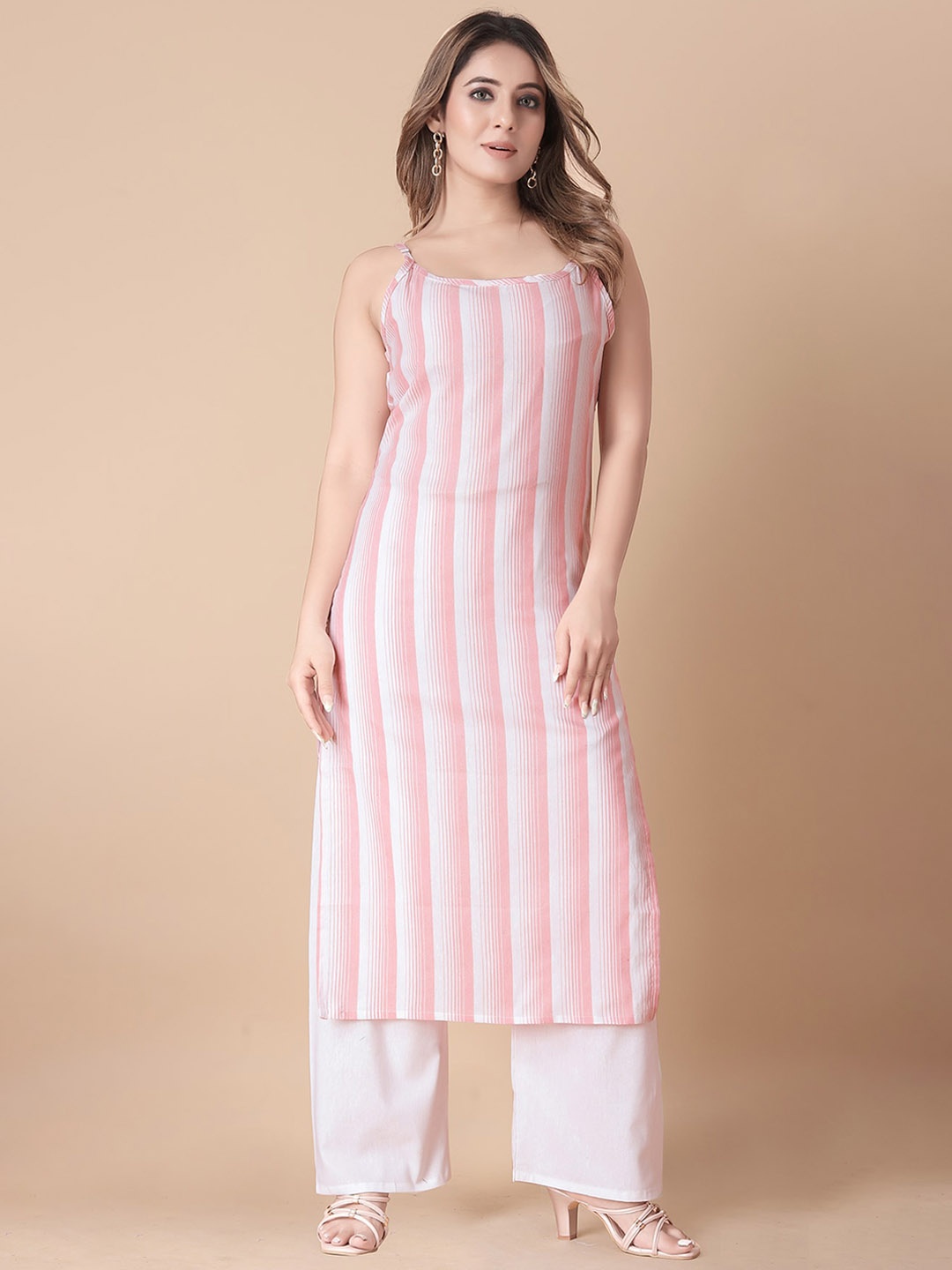 

KALINI Striped Sleeveless Pure Cotton Kurta with Palazzos, Pink