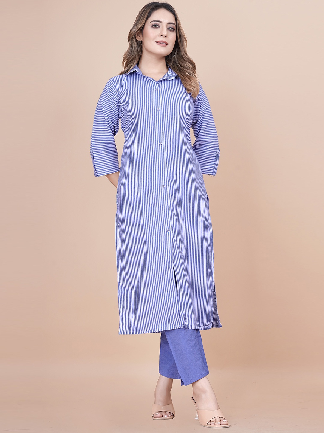 

KALINI Striped Shirt Collar Pure Cotton Straight Kurta with Trousers, Blue