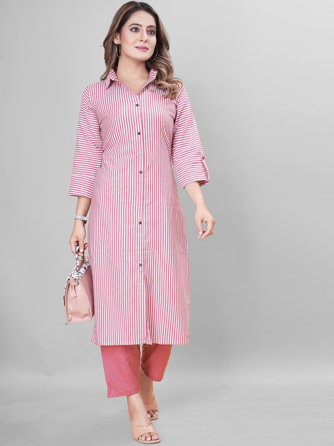 

KALINI Striped Shirt Collar Pure Cotton Straight Kurta with Trousers, Pink