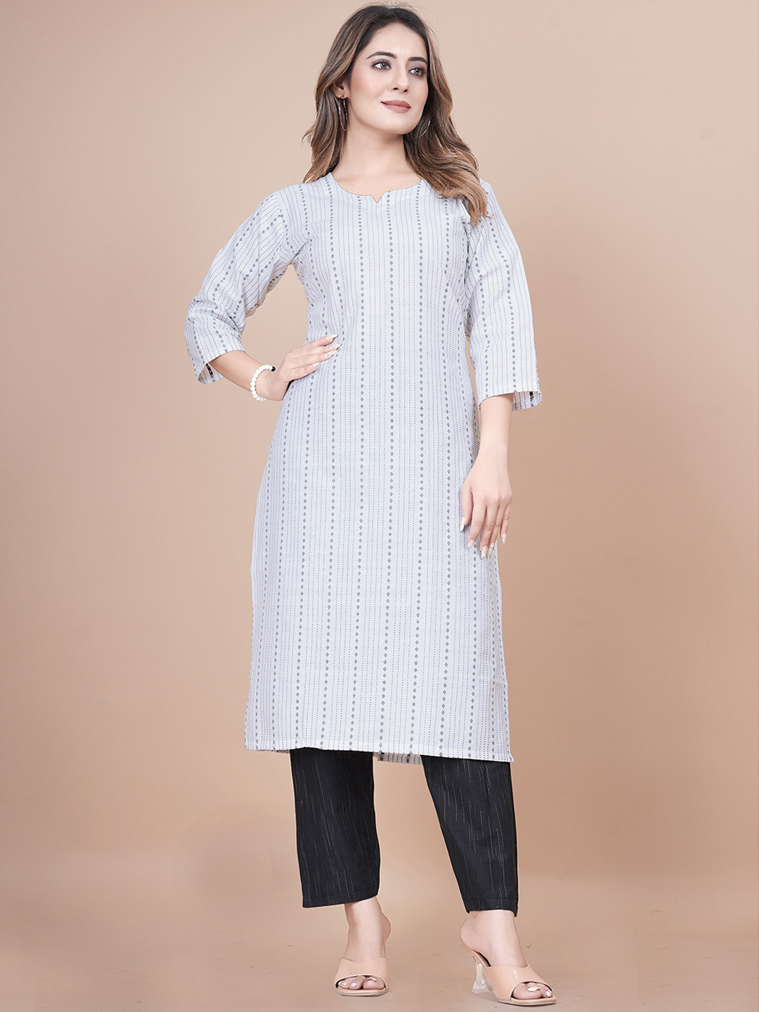 

KALINI Striped Pure Cotton Straight Kurta with Trousers, White