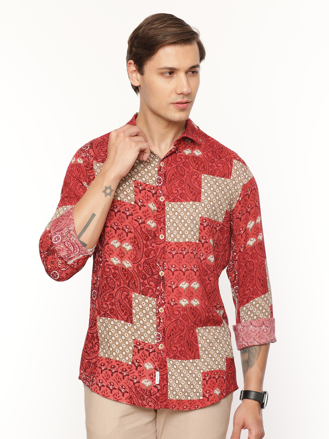 

FLY 69 Premium Ethnic Motifs Printed Casual Shirt, Red