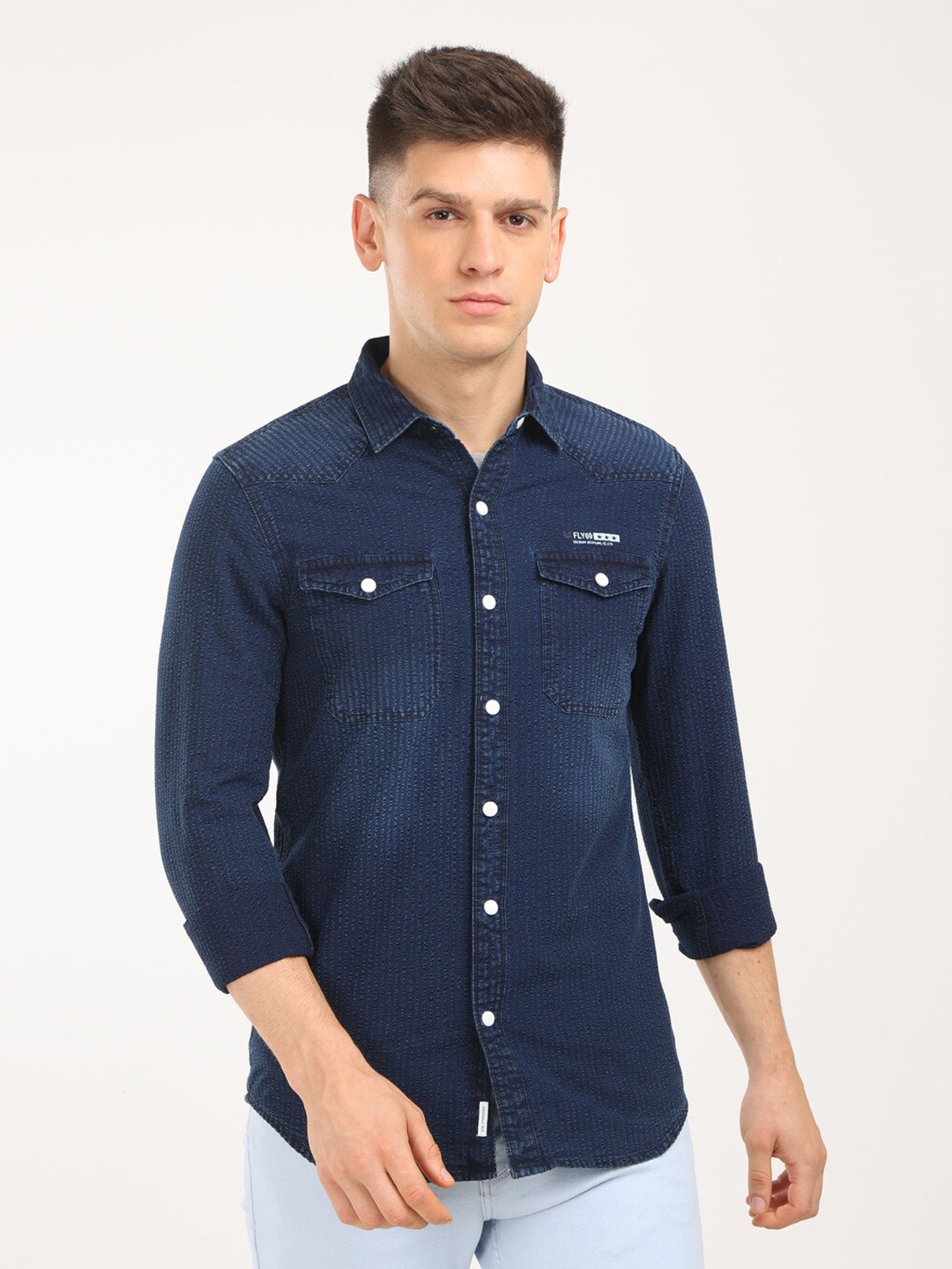 

FLY 69 Premium Spread Collar Slim Fit Denim Casual Shirt, Blue