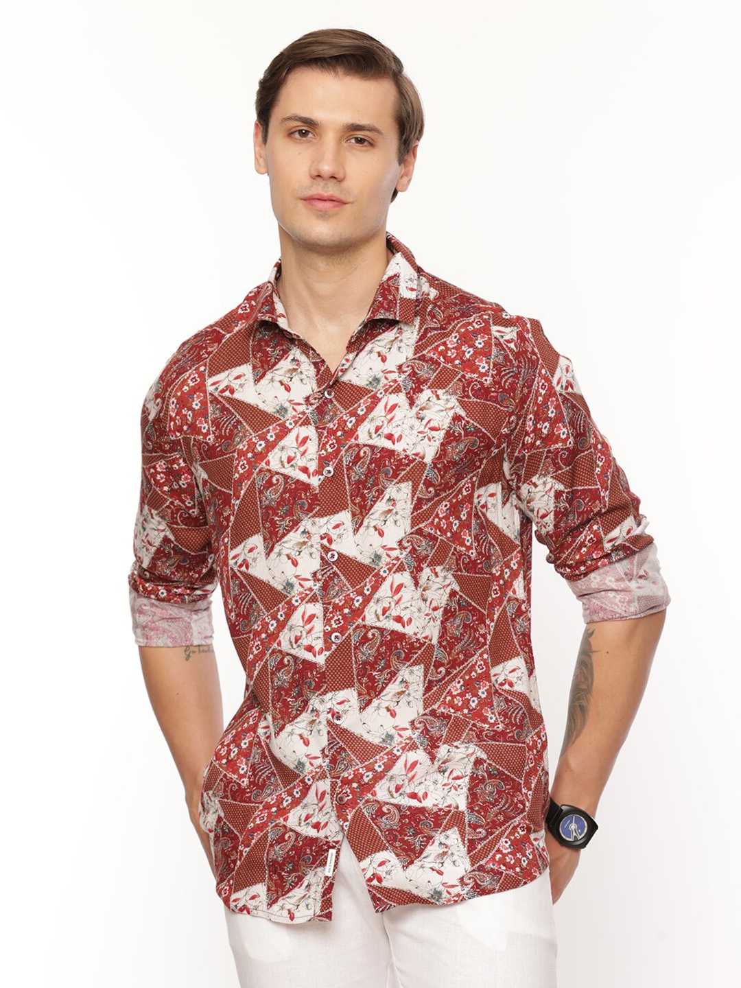 

FLY 69 Premium Abstract Printed Slim Fit Casual Shirt, Red