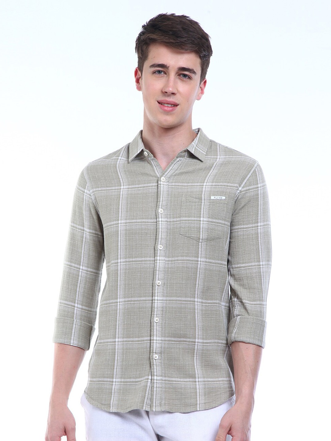 

FLY 69 Premium Slim Fit Windowpane Checked Pure Cotton Casual Shirt, Khaki