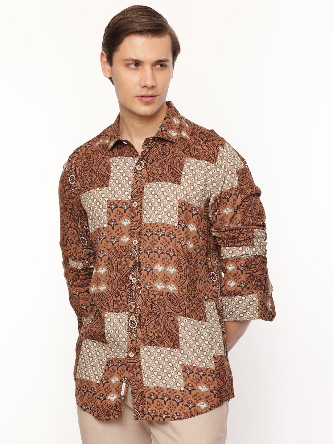 

FLY 69 Abstract Printed Spread Collar Premium Slim Fit Casual Shirt, Brown