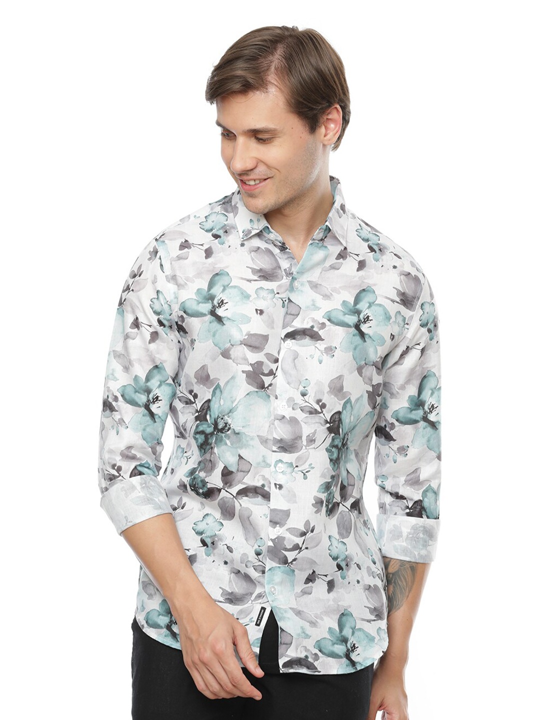 

FLY 69 Spread Collar Premium Slim Fit Floral Printed Casual Shirt, White