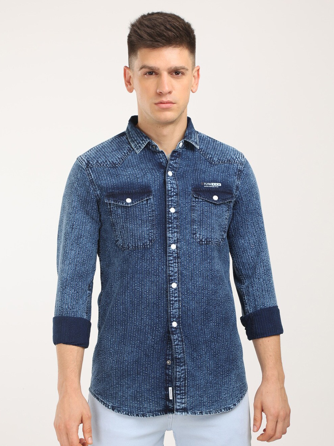 

FLY 69 Premium Slim Fit Faded Pure Denim Casual Shirt, Blue