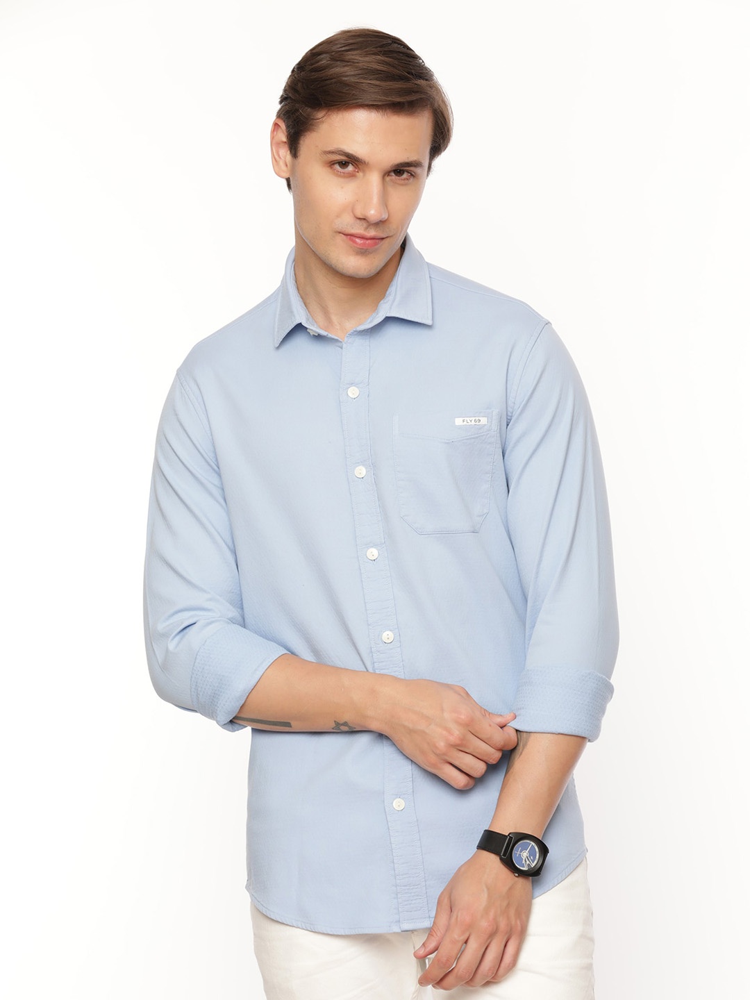 

FLY 69 Premium Slim Fit Pure Cotton Casual Shirt, Blue