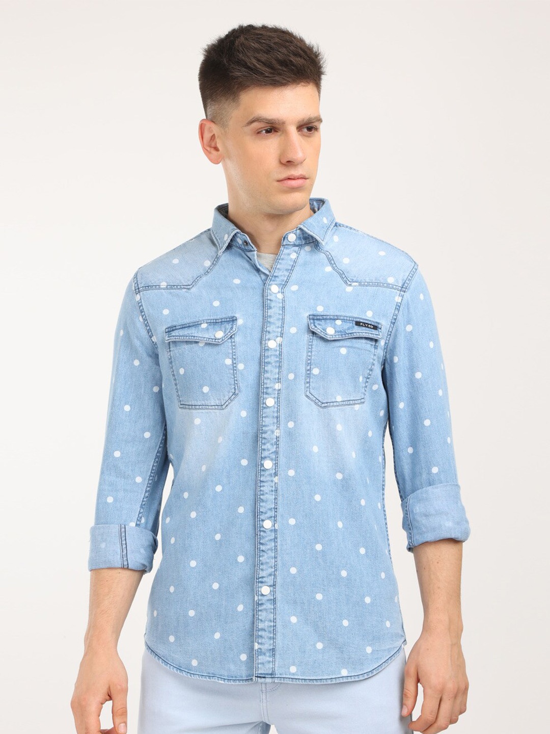 

FLY 69 Premium Slim Fit Polka Dots Printed Denim Casual Shirt, Blue